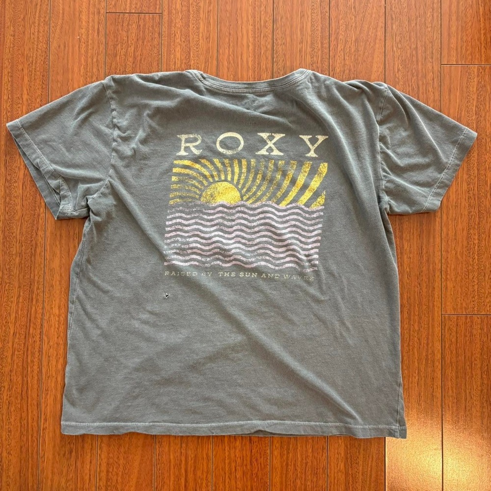 Roxy Grey Yellow Sunset Graphic Tee Distressed Faded Cotton T-Shirt Large